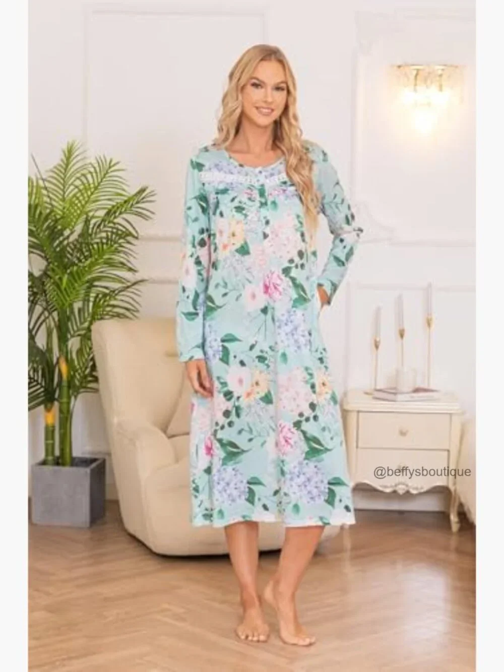 Soft Cotton Long Sleeve Nightgown with Pockets Full Length